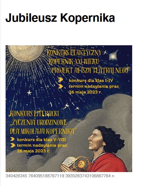 Na plakacie popiersie Mikołaja Kopernika, słońce oraz teksty zaproszeń do konkursów Kopernikańskich